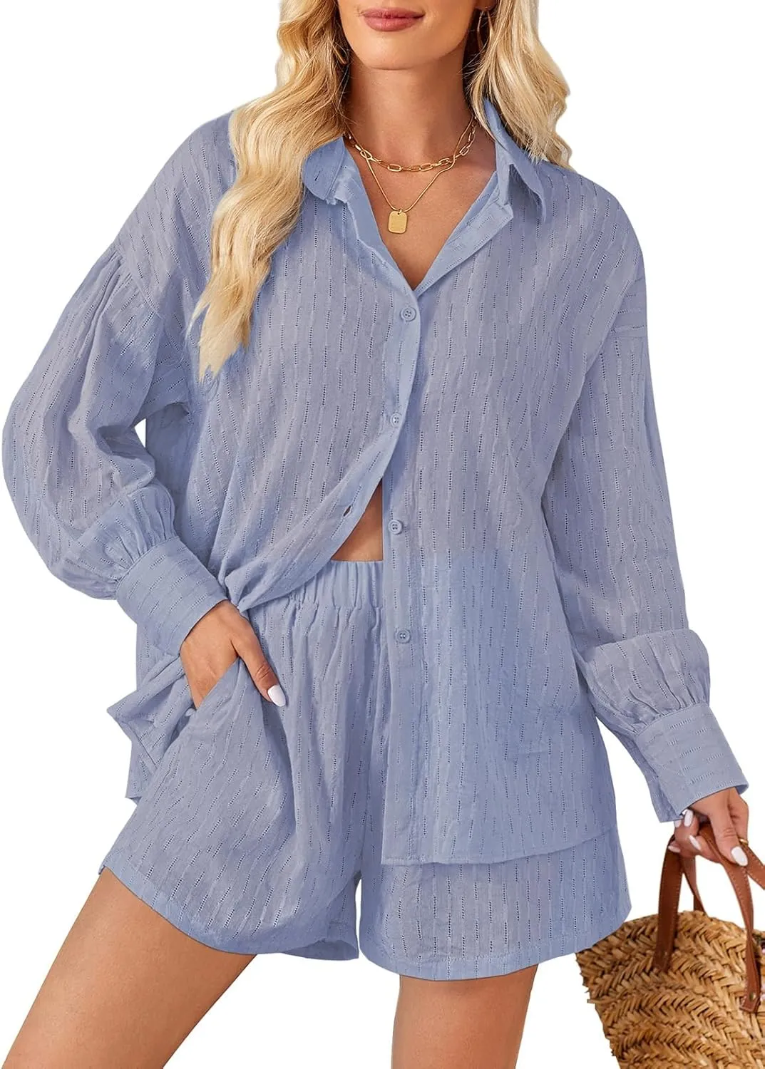 Fixmatti 2 Piece Outfits Long Sleeve Button Down Shirt and Shorts Sweatsuit Lounge Sets