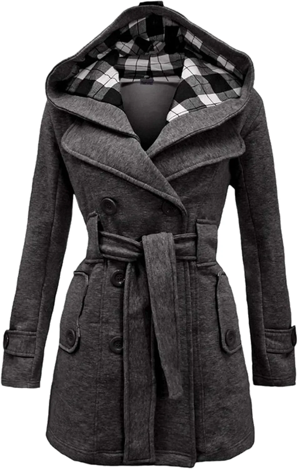 FLITAY Womens Trench Plus Size Casual Pea coat with Belt Hooded Checkered Double Breasted Coat