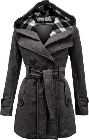 FLITAY Womens Trench Plus Size Casual Pea coat with Belt Hooded Checkered Double Breasted Coat
