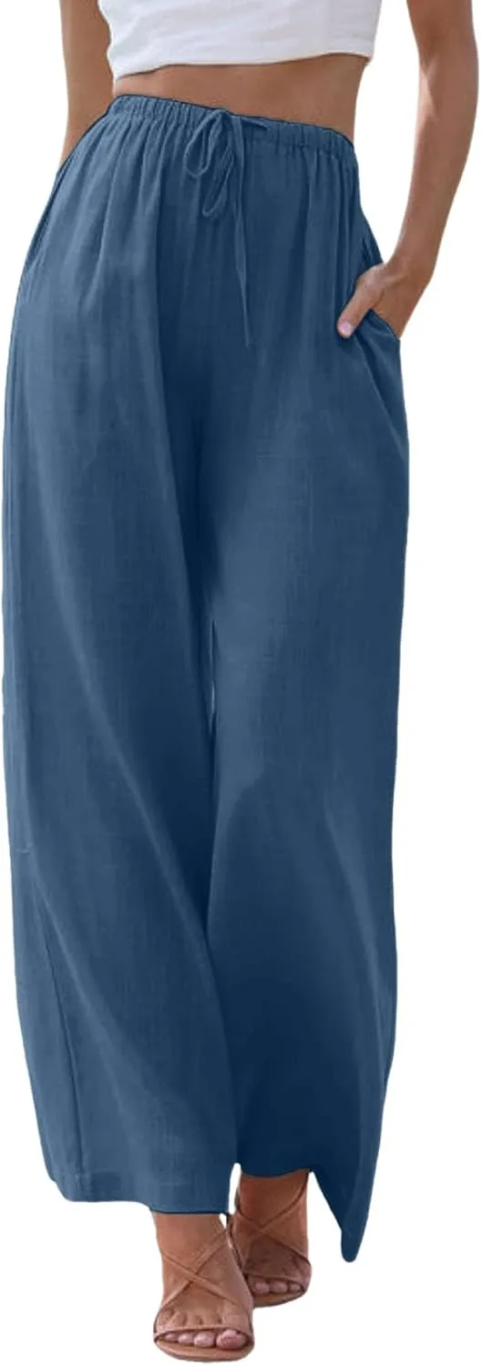 Flowy Palazzo Wide Leg Pants for Women Dressy Fashion Solid Elastic High Waisted Drawstring Trousers Summer Casual Streetwear