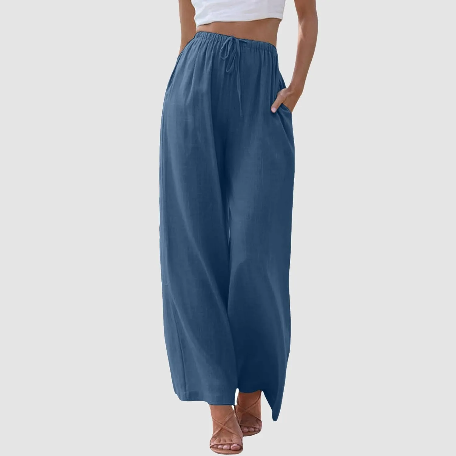 Flowy Palazzo Wide Leg Pants for Women Dressy Fashion Solid Elastic High Waisted Drawstring Trousers Summer Casual Streetwear