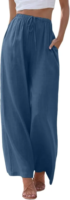 Flowy Palazzo Wide Leg Pants for Women Dressy Fashion Solid Elastic High Waisted Drawstring Trousers Summer Casual Streetwear