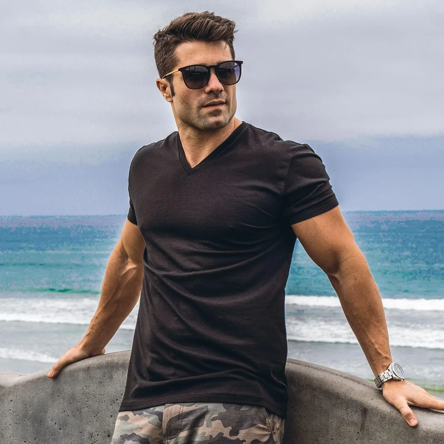 Fresh Clean Threads V Neck T Shirts for Men - Pre Shrunk Soft Fitted Premium Classic Tee - Men's T-Shirt Cotton Poly Blend