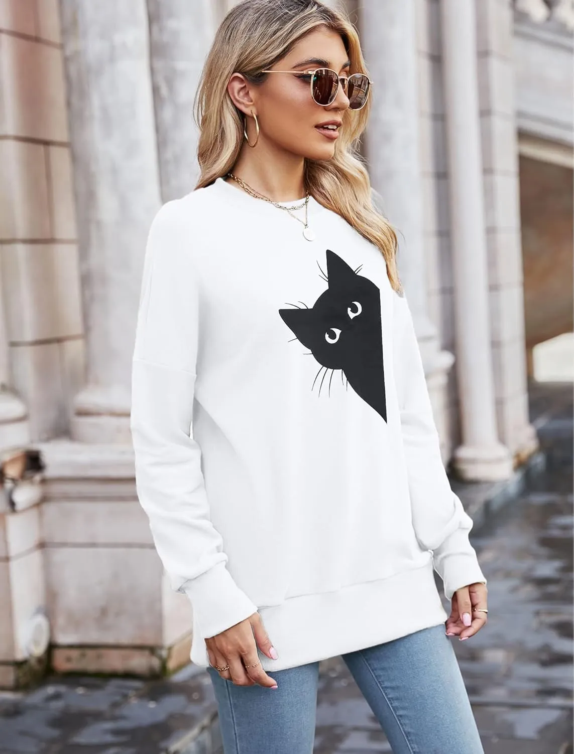 FRYAID Cat Sweatshirt Women Funny Black Cat Graphic Sweater Casual Cat Crewneck Holiday Long Sleeve Hoodie Pullover Top