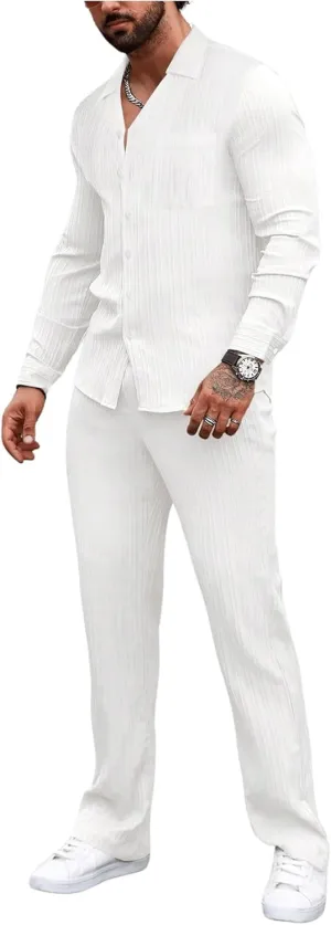 GORGLITTER Men's 2 Piece Linen Suit Casual Long Sleeve Button Down Shirt and Pants Set