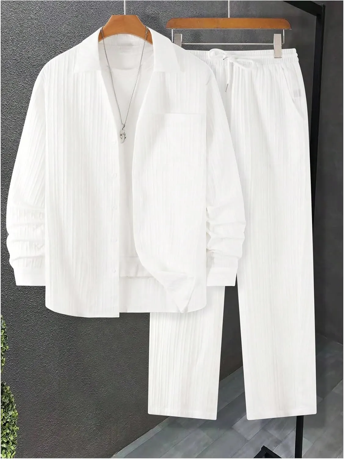 GORGLITTER Men's 2 Piece Linen Suit Casual Long Sleeve Button Down Shirt and Pants Set