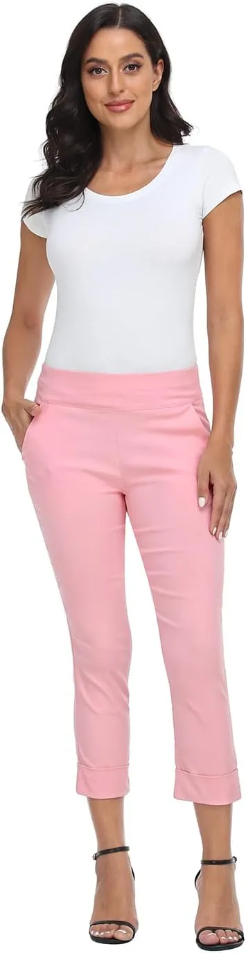 HDE Pull On Capri Pants for Women with Pockets Elastic Waist Cropped Work Pants