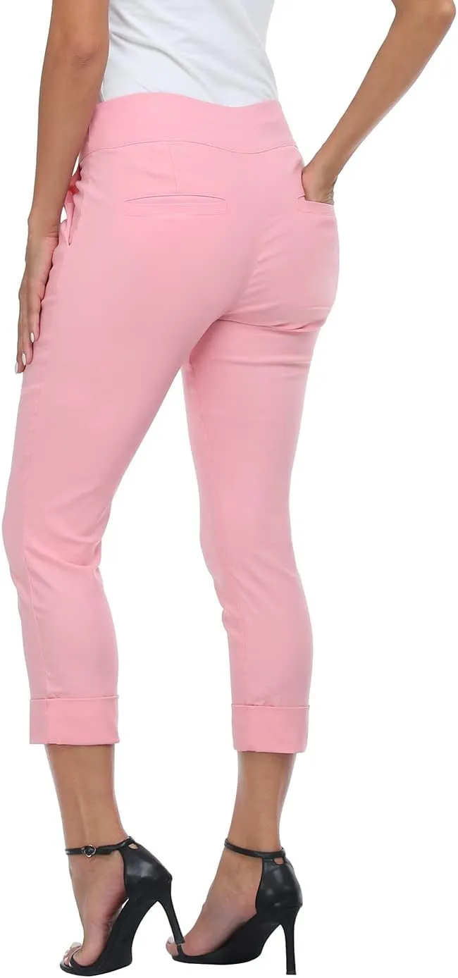HDE Pull On Capri Pants for Women with Pockets Elastic Waist Cropped Work Pants