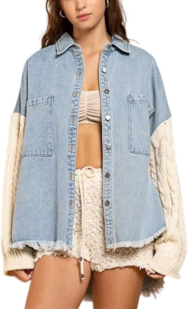 HOULENGS Women's Sweater Long Sleeve Denim Jacket Frayed Button Down Jean Coat with Pockets