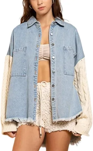 HOULENGS Women's Sweater Long Sleeve Denim Jacket Frayed Button Down Jean Coat with Pockets