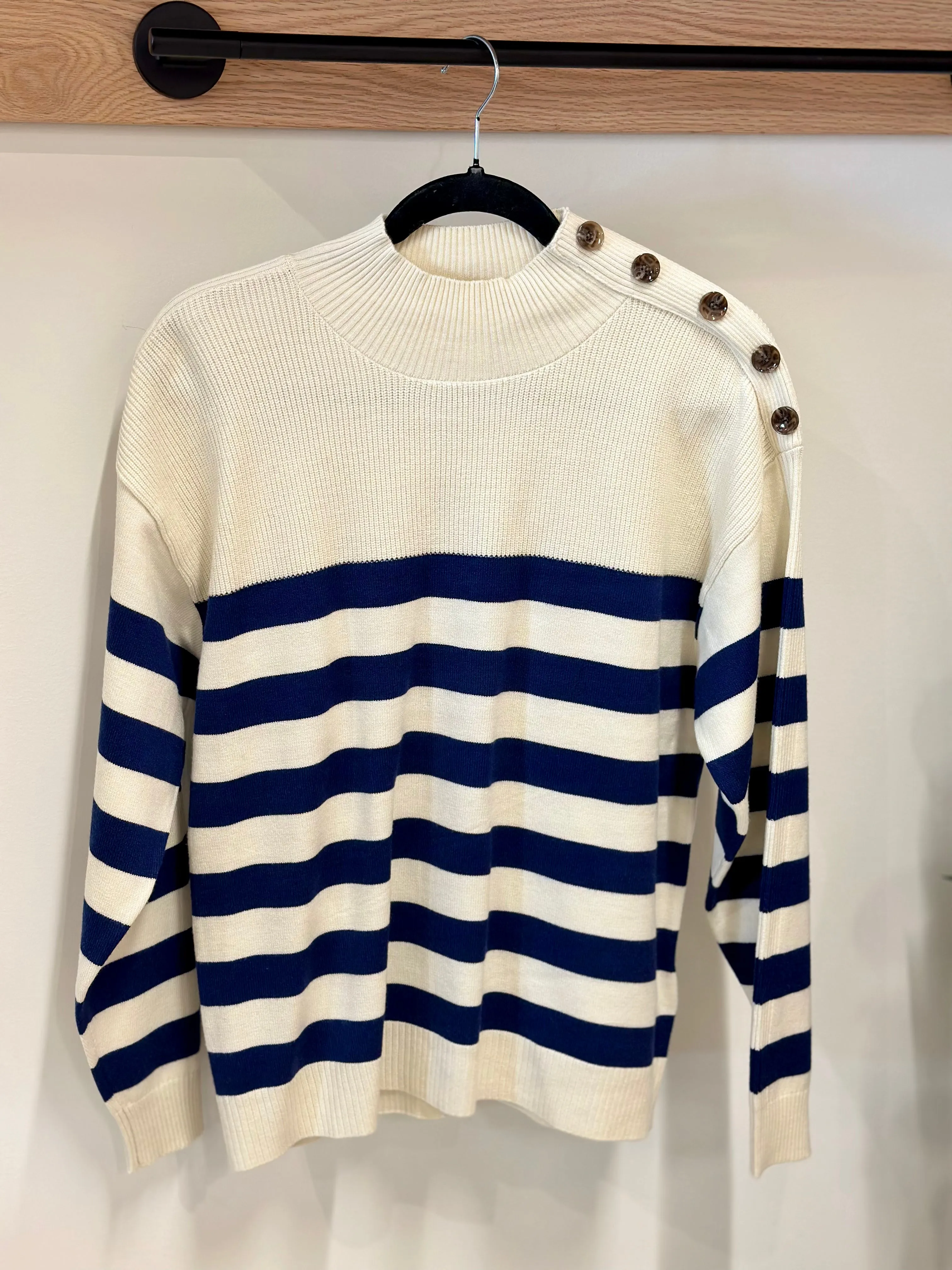 ICHI Button Neck Sweater || Medieval Blue Stripe