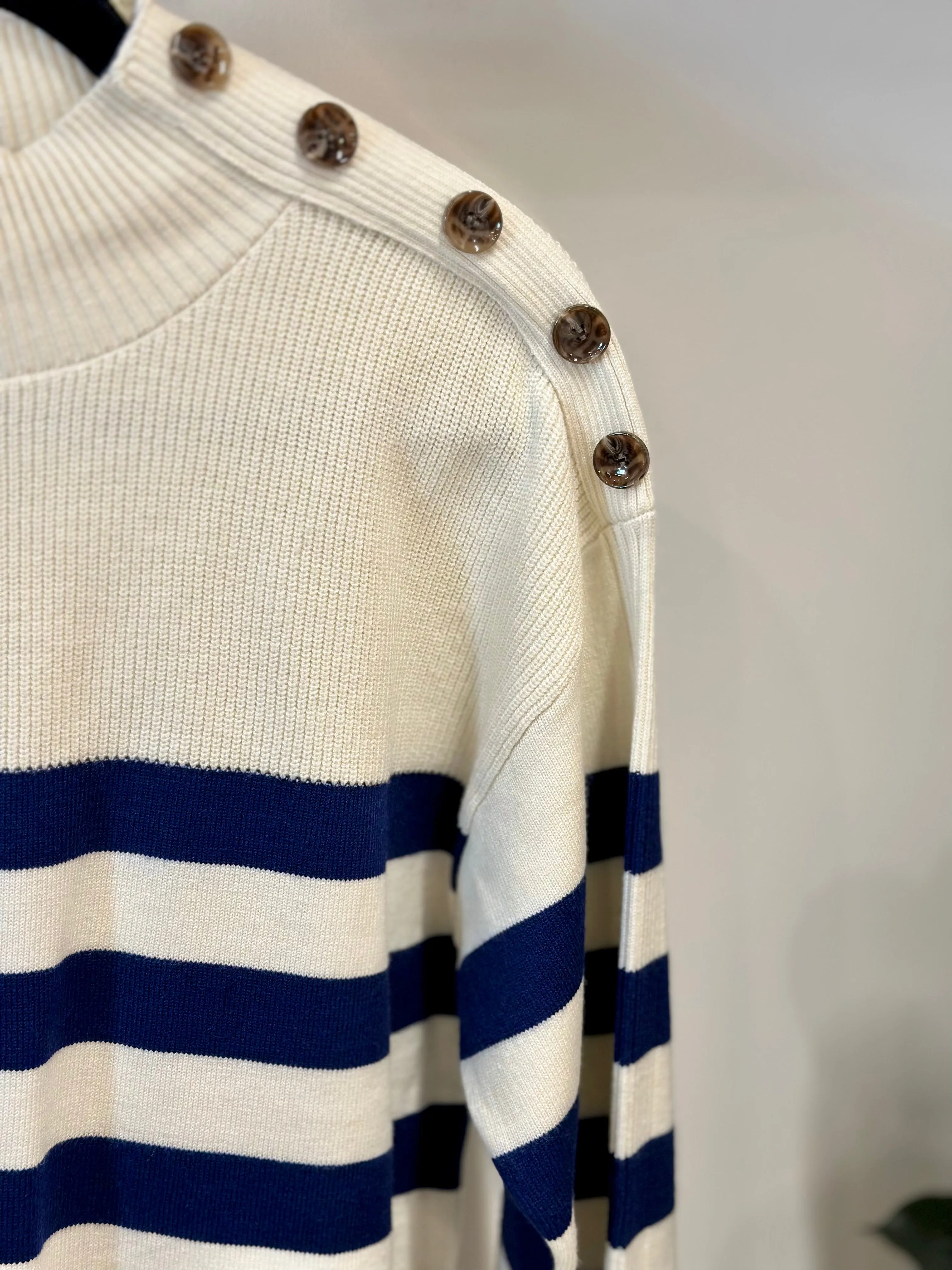 ICHI Button Neck Sweater || Medieval Blue Stripe