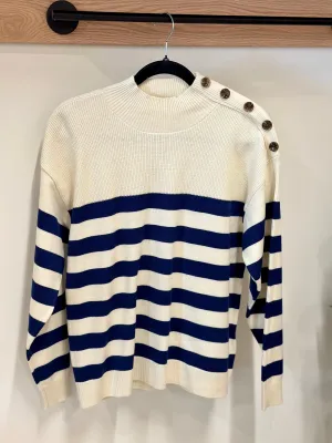 ICHI Button Neck Sweater || Medieval Blue Stripe
