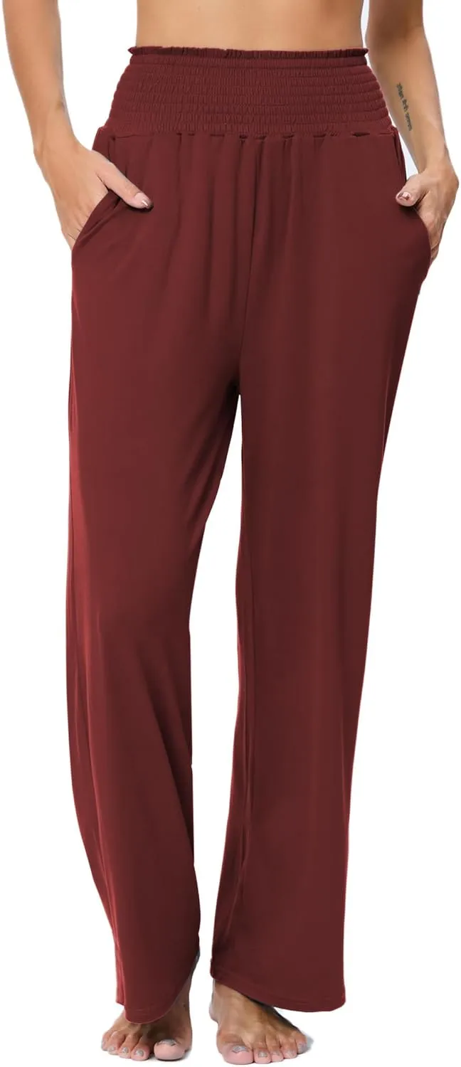 iChunhua Women's Smocked High Waist Wide Leg Pants Casual Loose Yoga Lounge Bottom Pajamas Trousers with Pockets