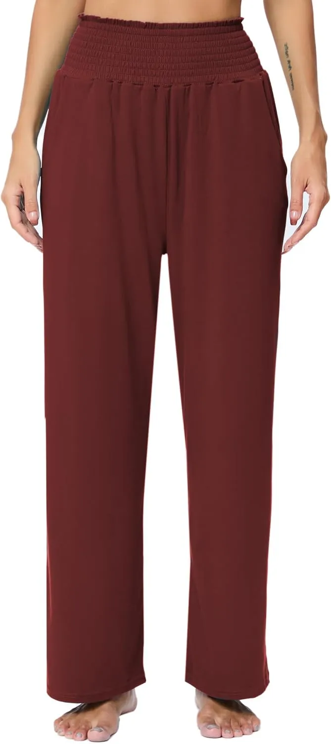 iChunhua Women's Smocked High Waist Wide Leg Pants Casual Loose Yoga Lounge Bottom Pajamas Trousers with Pockets