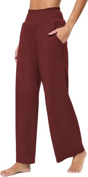 iChunhua Women's Smocked High Waist Wide Leg Pants Casual Loose Yoga Lounge Bottom Pajamas Trousers with Pockets