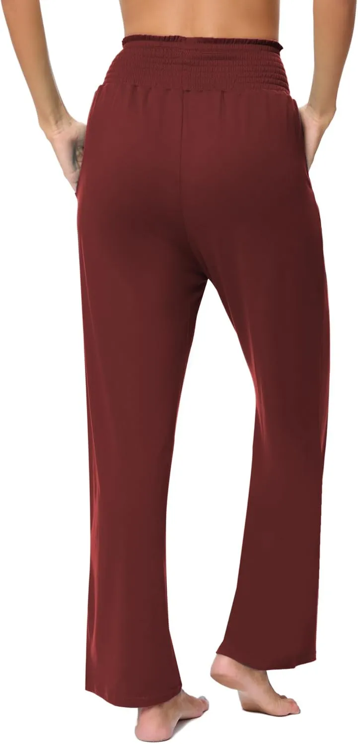 iChunhua Women's Smocked High Waist Wide Leg Pants Casual Loose Yoga Lounge Bottom Pajamas Trousers with Pockets