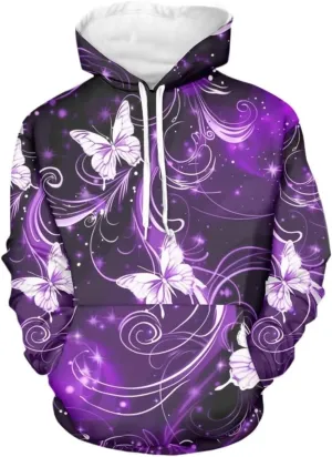 INSTANTARTS Purple Neon Butterfly Womens Fashion Hoodies Pullover Oversized Hooded Sweatshirt with Kangroo Pocket Long Sleeve Hooded Shirts 2XL Casual Fall Outfits
