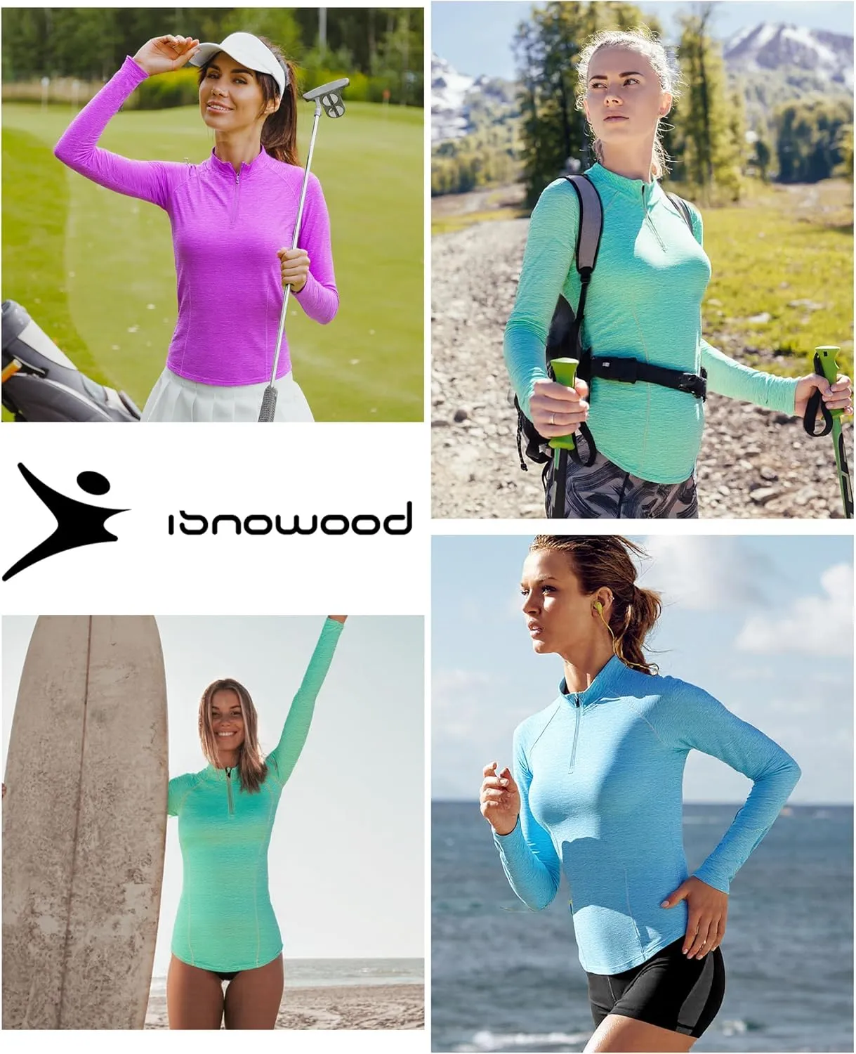 isnowood Women's UPF 50  UV Long Sleeve Rash Guard, 1/4 Zip Sun Protection Swim Shirts, Quick Dry Athletic Workout Hiking Top