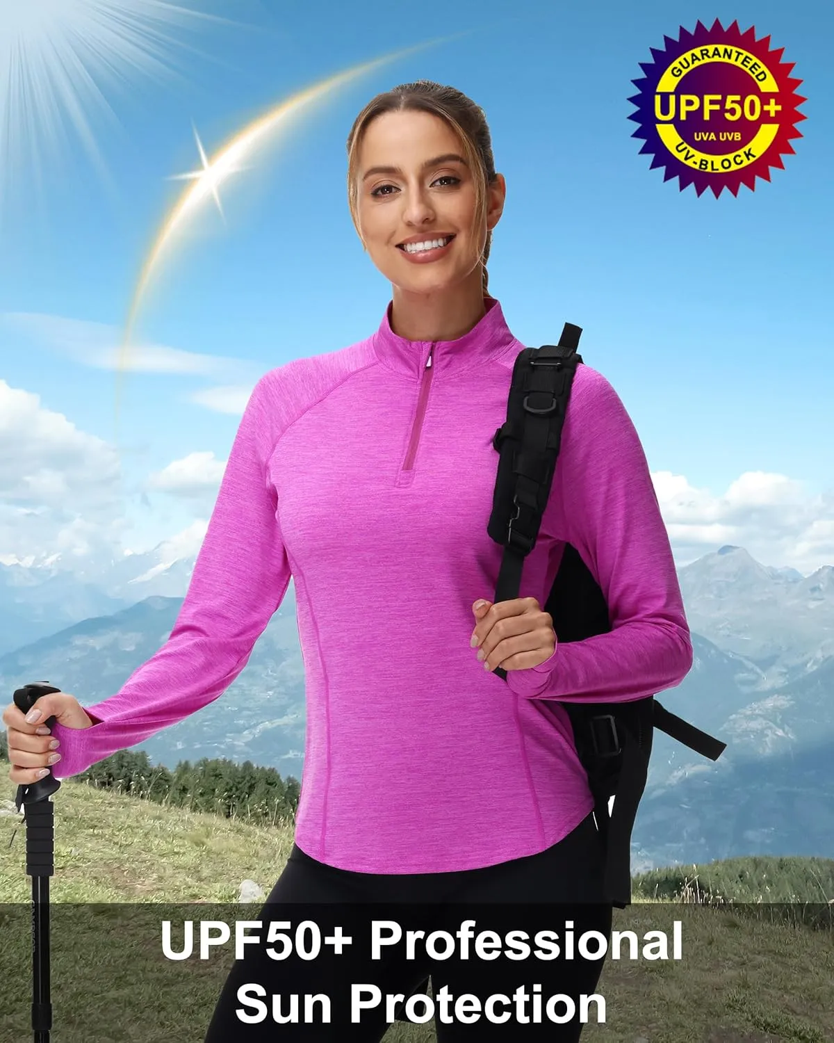 isnowood Women's UPF 50  UV Long Sleeve Rash Guard, 1/4 Zip Sun Protection Swim Shirts, Quick Dry Athletic Workout Hiking Top