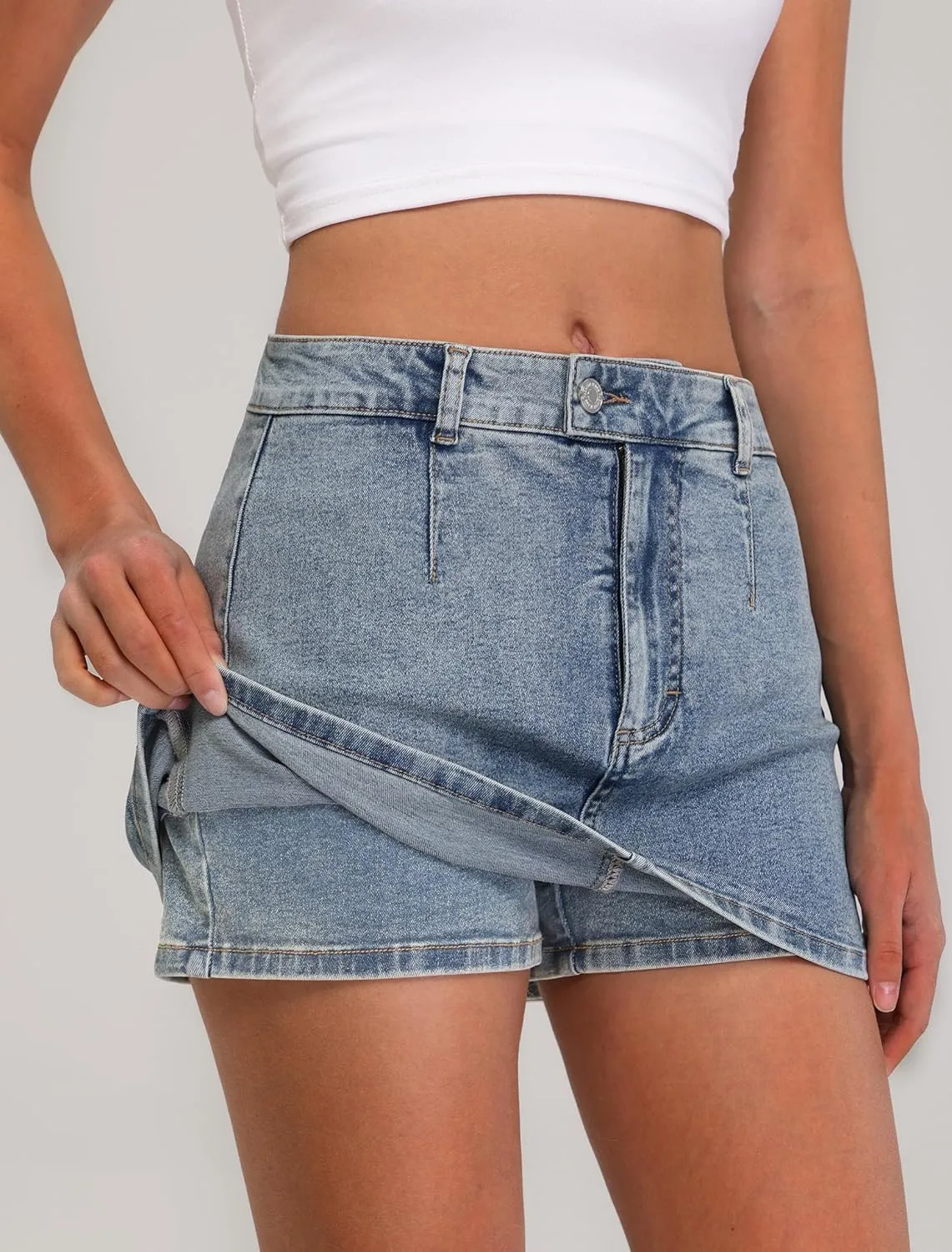IWD Denim Mini Skirt for Women Low Waisted Jean Micro Skort with Shorts Stretch Casual Jean Skirt