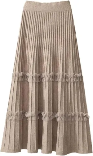 JITEM Women's Lace Patchwork Knitted Pleated Midi Skirt Ladies Elastic High Waist Stitching Loose A Line Skirt