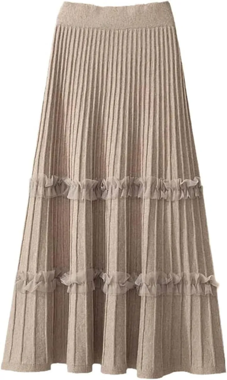 JITEM Women's Lace Patchwork Knitted Pleated Midi Skirt Ladies Elastic High Waist Stitching Loose A Line Skirt