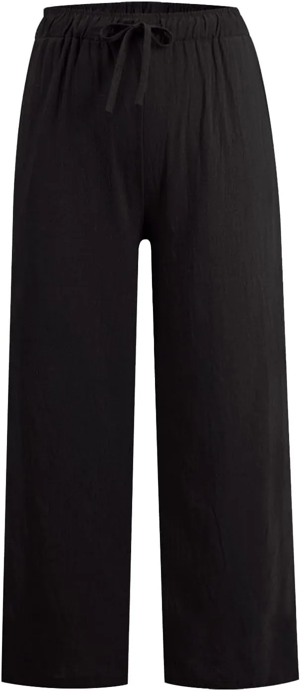 jovati Wide Leg Casual Pants for Womens Straight Leg High Waist Trousers Boho Cotton Linen Flowy Palazzo Pants
