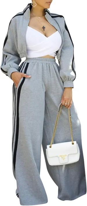KANSOON Sweatsuits Women 2 Piece Outfit Zip Up Crop Sweatshirt Wide Leg Sweatpants Matching Sweat Set Tracksuit