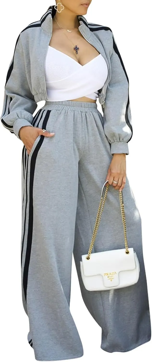 KANSOON Sweatsuits Women 2 Piece Outfit Zip Up Crop Sweatshirt Wide Leg Sweatpants Matching Sweat Set Tracksuit