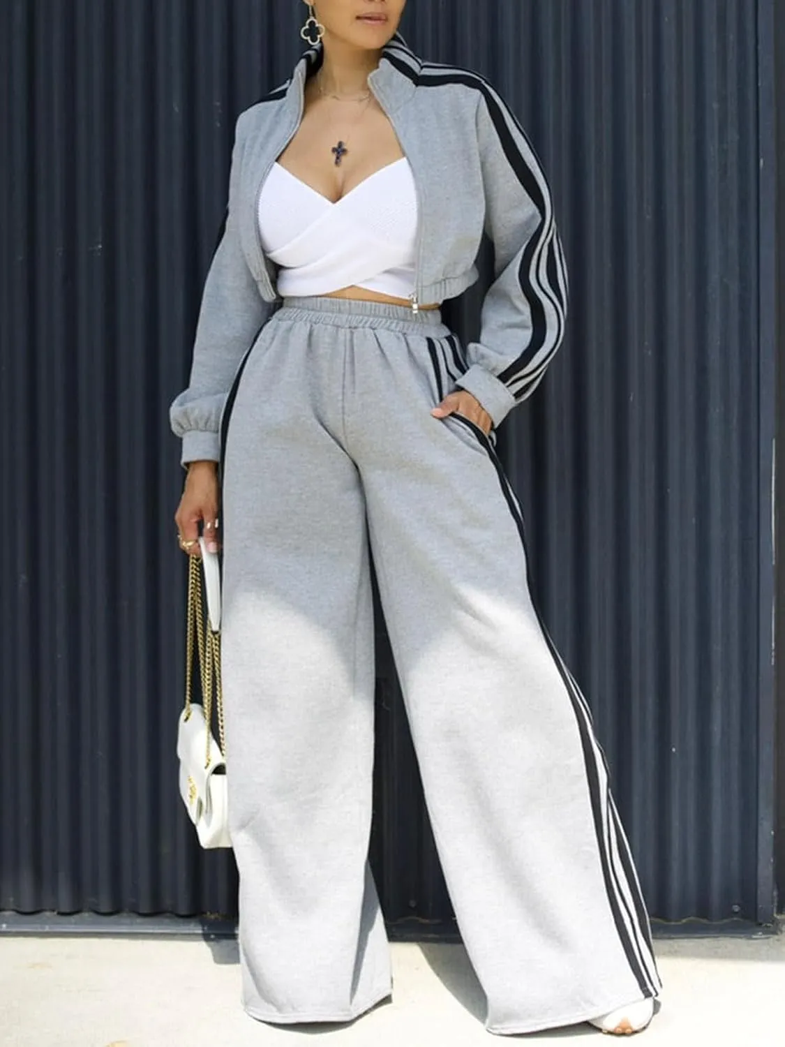 KANSOON Sweatsuits Women 2 Piece Outfit Zip Up Crop Sweatshirt Wide Leg Sweatpants Matching Sweat Set Tracksuit