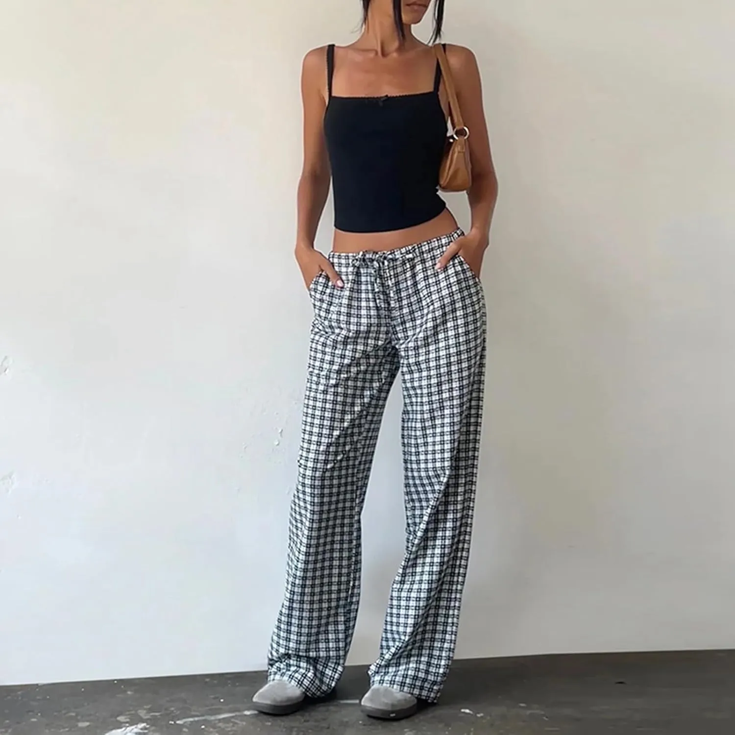 Karwuiio Women Y2k Striped Linen Boxer Pants High Waist Wide Leg Lounge Trousers Fashion Casual Pants Streetwear