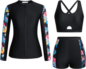 Kate Kasin Women's 3 Piece Rash Guard UV Sun Protection Long Sleeve Swimsuits Built-in Bra Zip Up Swim Shirts with Boyshorts