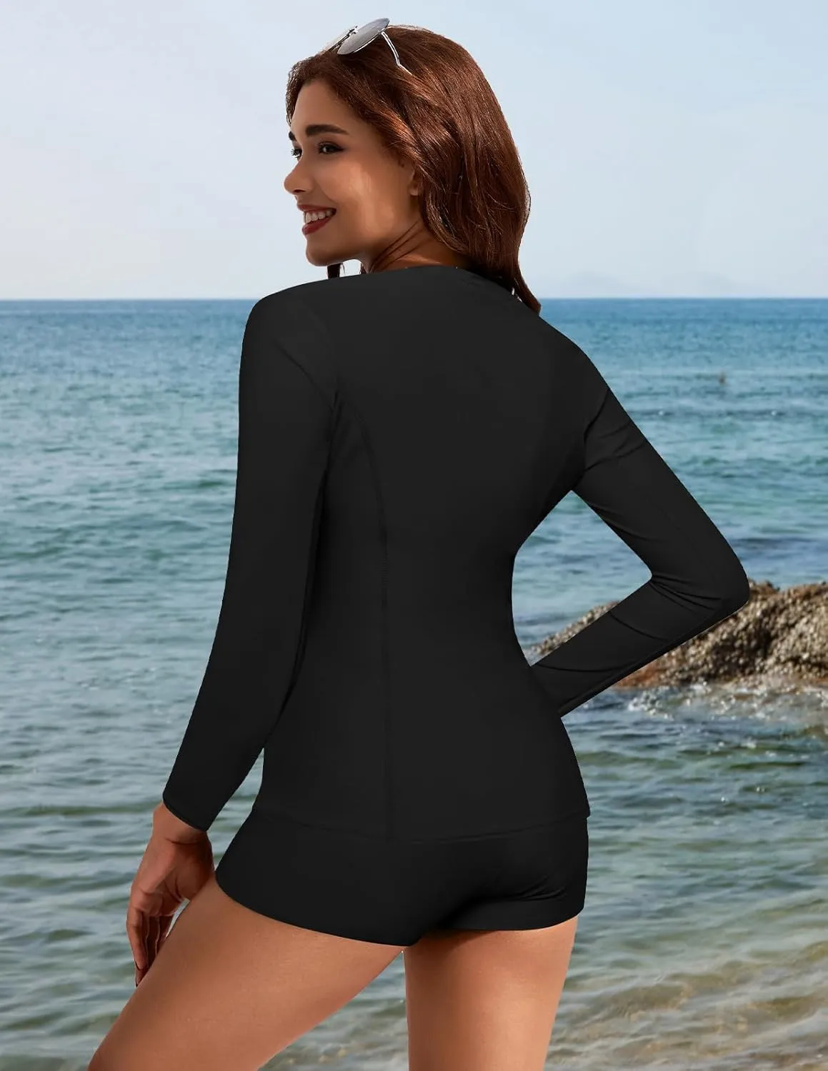 Kate Kasin Women's 3 Piece Rash Guard UV Sun Protection Long Sleeve Swimsuits Built-in Bra Zip Up Swim Shirts with Boyshorts