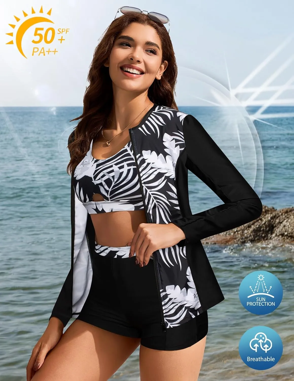 Kate Kasin Women's 3 Piece Rash Guard UV Sun Protection Long Sleeve Swimsuits Built-in Bra Zip Up Swim Shirts with Boyshorts