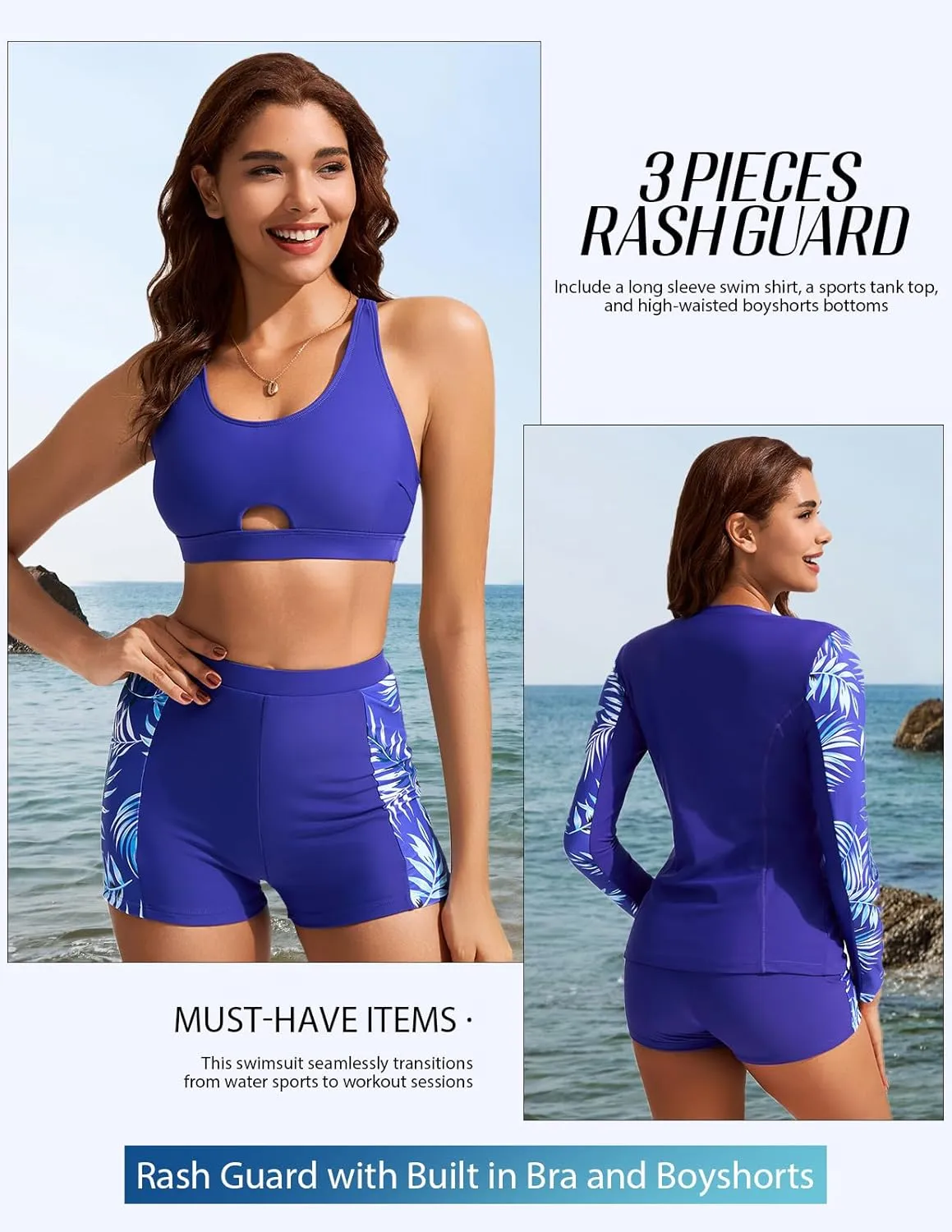 Kate Kasin Women's 3 Piece Rash Guard UV Sun Protection Long Sleeve Swimsuits Built-in Bra Zip Up Swim Shirts with Boyshorts