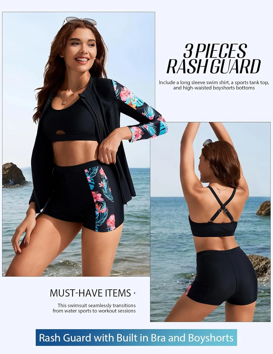 Kate Kasin Women's 3 Piece Rash Guard UV Sun Protection Long Sleeve Swimsuits Built-in Bra Zip Up Swim Shirts with Boyshorts
