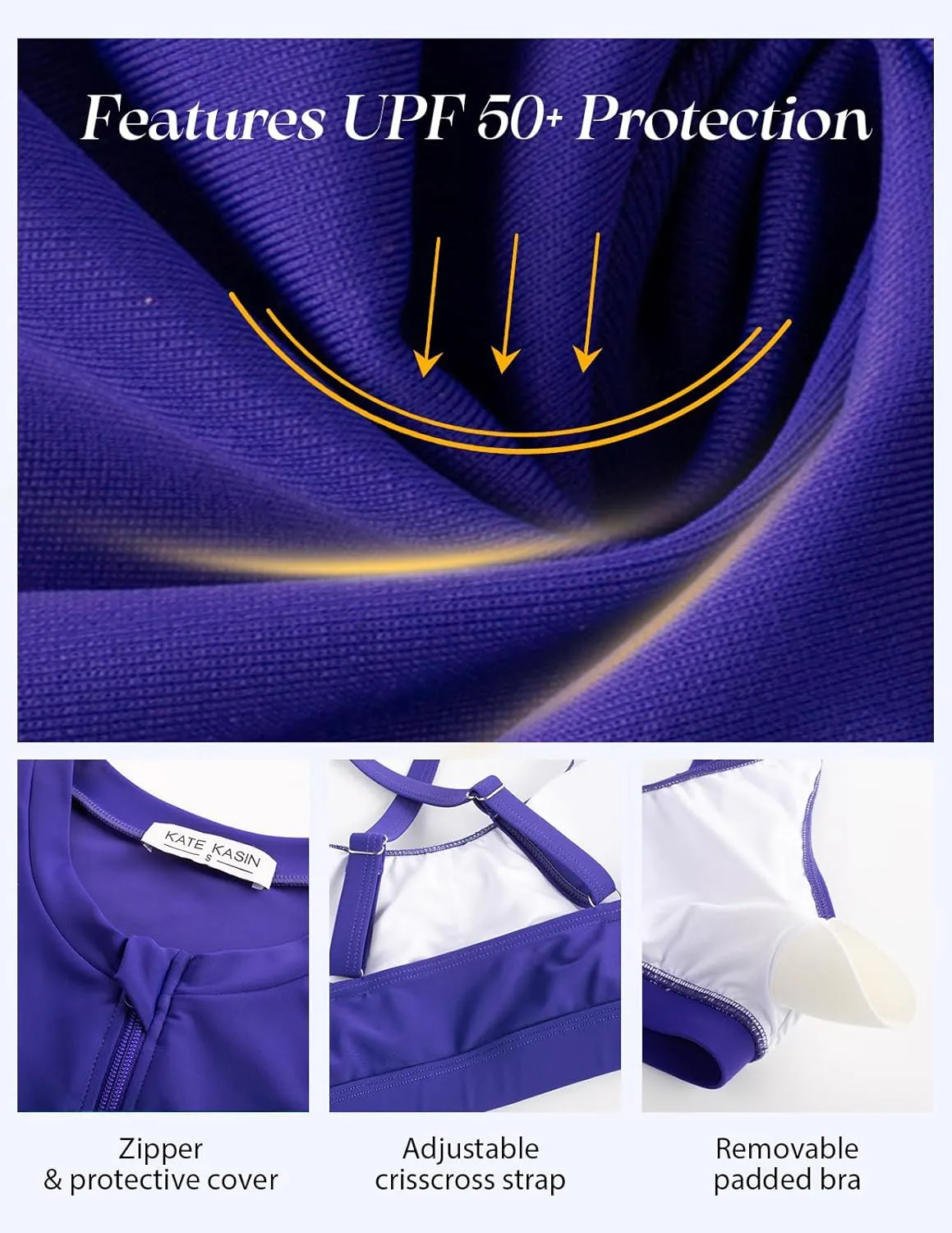 Kate Kasin Women's 3 Piece Rash Guard UV Sun Protection Long Sleeve Swimsuits Built-in Bra Zip Up Swim Shirts with Boyshorts