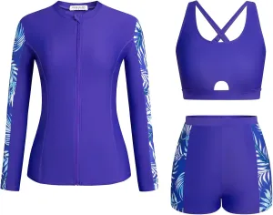 Kate Kasin Women's 3 Piece Rash Guard UV Sun Protection Long Sleeve Swimsuits Built-in Bra Zip Up Swim Shirts with Boyshorts