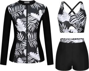 Kate Kasin Women's 3 Piece Rash Guard UV Sun Protection Long Sleeve Swimsuits Built-in Bra Zip Up Swim Shirts with Boyshorts