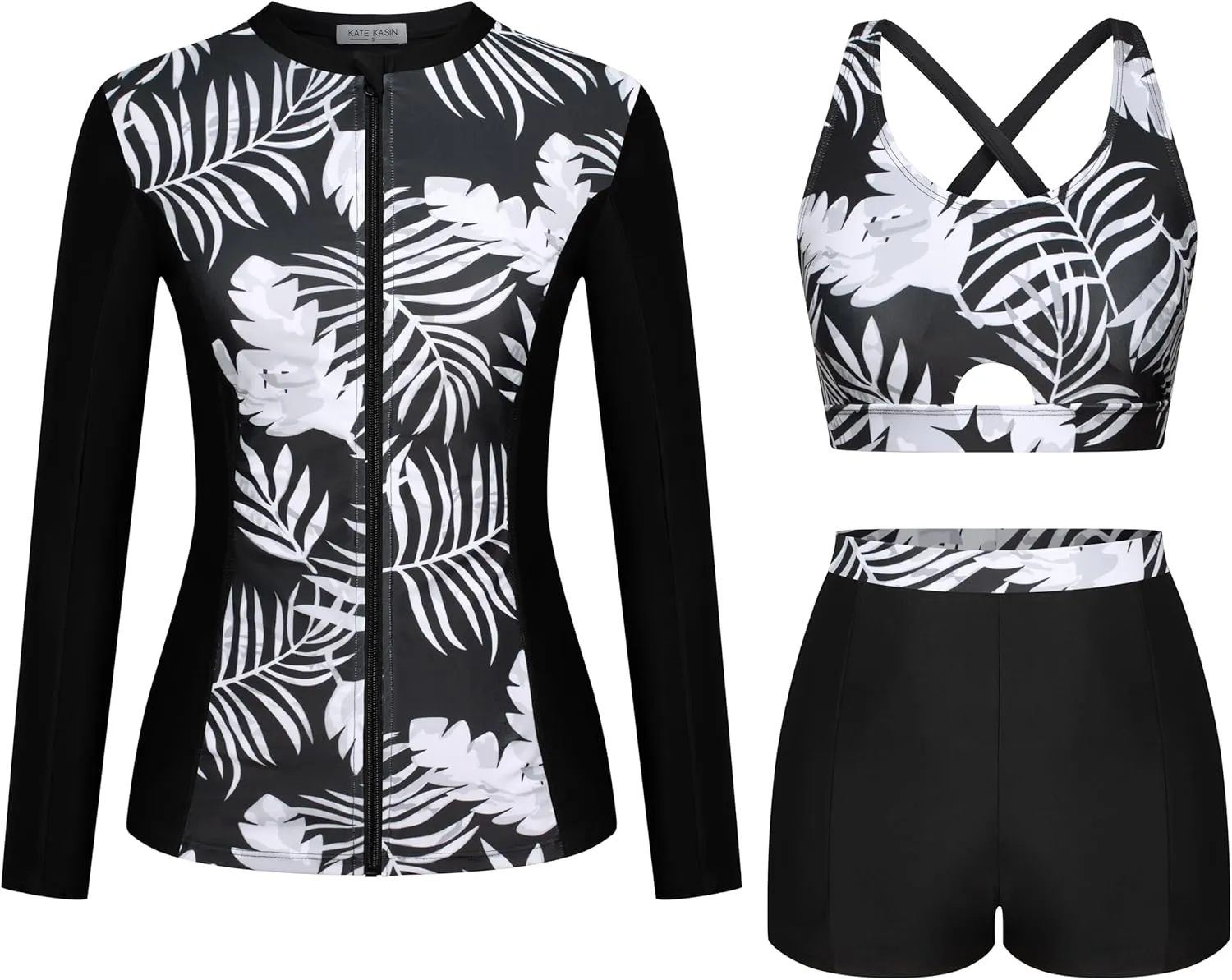 Kate Kasin Women's 3 Piece Rash Guard UV Sun Protection Long Sleeve Swimsuits Built-in Bra Zip Up Swim Shirts with Boyshorts