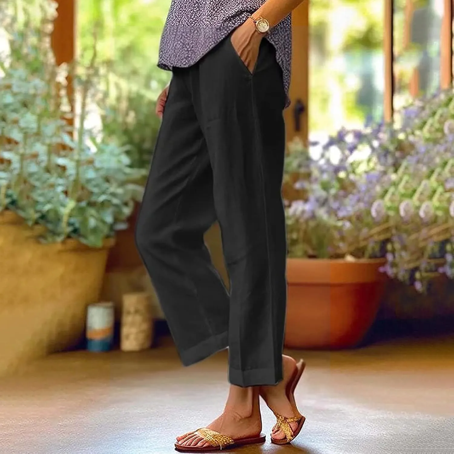 LCMTWX Women's Linen High Waisted Straight Pants Drawstring Linen Women Waist Cotton Casual Pants with Pockets Boho Clothes