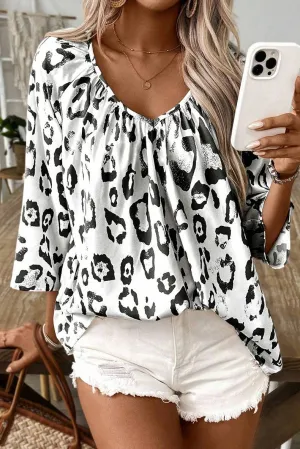 LEOPARD PRINT V-NECK SEVEN-POINT SLEEVE TOP: BLACK / (M) 1