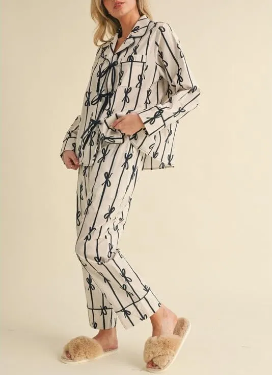 LILTWIST Cute Bow Tie Pajamas for Women Silk Satin Colorful Heart Bow Pjs Y2k Floral Long Sleeve Shirts and Ruffle Pants Sets