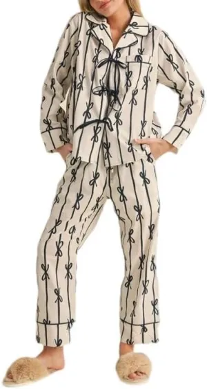 LILTWIST Cute Bow Tie Pajamas for Women Silk Satin Colorful Heart Bow Pjs Y2k Floral Long Sleeve Shirts and Ruffle Pants Sets