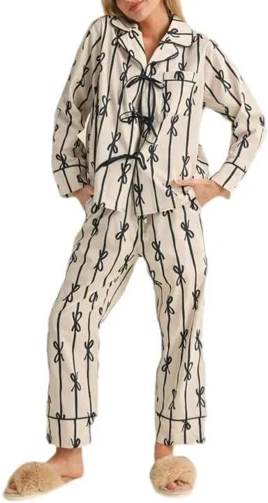 LILTWIST Cute Bow Tie Pajamas for Women Silk Satin Colorful Heart Bow Pjs Y2k Floral Long Sleeve Shirts and Ruffle Pants Sets