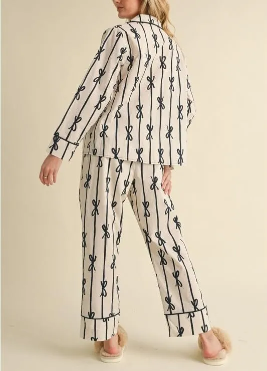 LILTWIST Cute Bow Tie Pajamas for Women Silk Satin Colorful Heart Bow Pjs Y2k Floral Long Sleeve Shirts and Ruffle Pants Sets