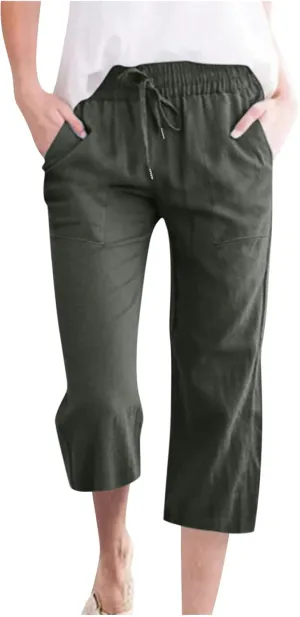 Linen Capri Pants for Women Casual 2025 Summer Drawstring Elastic High Waist Capris Wide Leg Cropped Trousers