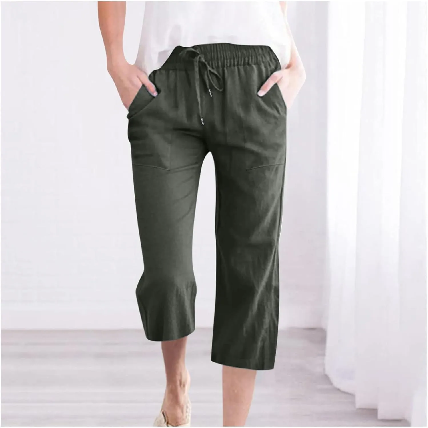 Linen Capri Pants for Women Casual 2025 Summer Drawstring Elastic High Waist Capris Wide Leg Cropped Trousers