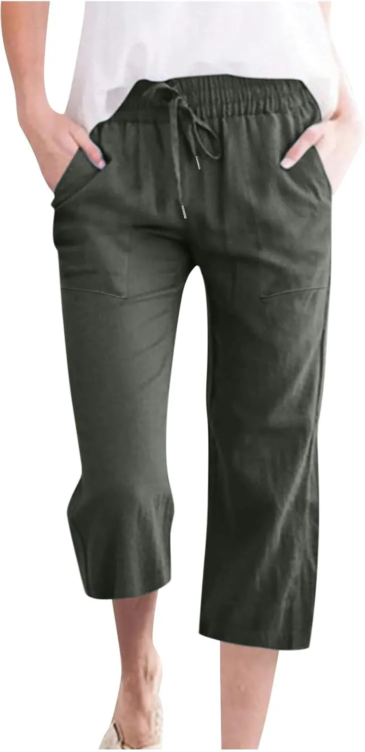 Linen Capri Pants for Women Casual 2025 Summer Drawstring Elastic High Waist Capris Wide Leg Cropped Trousers